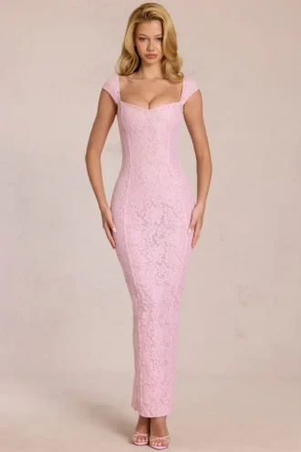 Vestido largo Elisa con cuello corazón en rosa flor