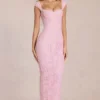 Vestido largo Elisa con cuello corazón en rosa flor