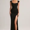 Vestido largo Elva de modal con cuello corazón y cintura drapeada en negro