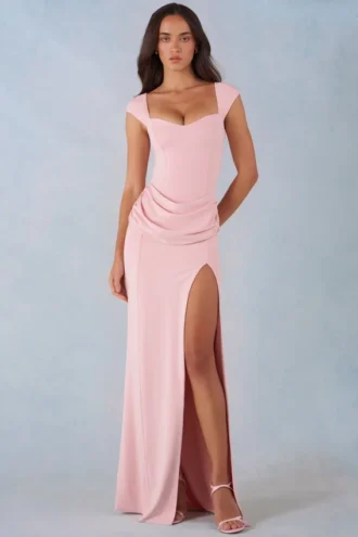 Vestido largo Elva de modal con cuello corazón y cintura drapeada en rosa palo