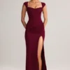 Vestido largo Elva de modal con cuello corazón y cintura fruncida en color vino