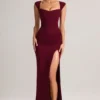 Vestido largo Elva de modal con cuello corazón y cintura fruncida en color vino