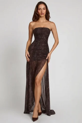 Vestido largo fruncido con top bandeau y adornos de Ersilia en estampado de serpiente con Hotfix