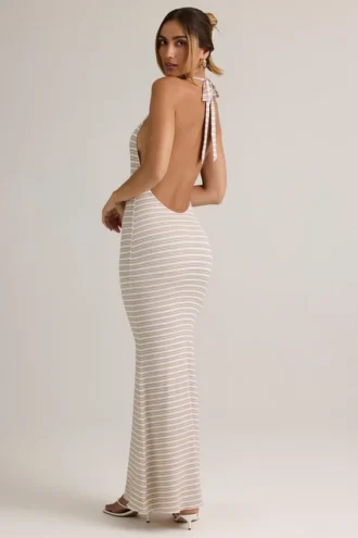 Vestido largo Hallie de modal con cuello halter en rayas rosa y amarillo