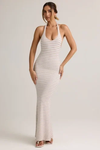 Vestido largo Hallie de modal con cuello halter en rayas rosa y amarillo