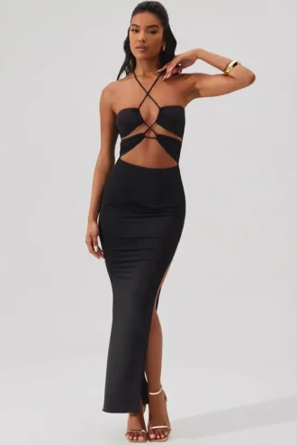 Vestido largo hasta los pies con cuello halter y aberturas Oceane en negro
