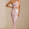 Vestido largo Isabel de encaje transparente con lentejuelas y corte en un hombro en color lila