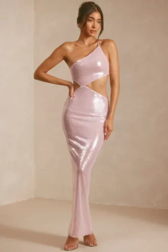 Vestido largo Isabel de encaje transparente con lentejuelas y corte en un hombro en color lila