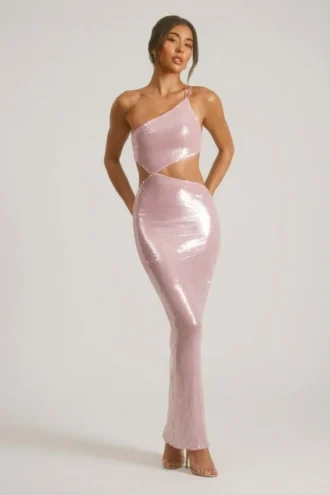 Vestido largo Isabel de encaje transparente con lentejuelas y corte en un hombro en color lila
