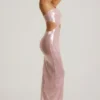 Vestido largo Isabel de encaje transparente con lentejuelas y corte en un hombro en color lila