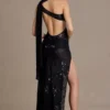 Vestido largo Leontine de encaje con lentejuelas de primera calidad y detalle de pañuelo en negro