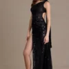 Vestido largo Leontine de encaje con lentejuelas de primera calidad y detalle de pañuelo en negro