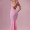 Vestido largo Lillienne de encaje con escote corazón en rosa palo