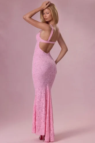 Vestido largo Lillienne de encaje con escote corazón en rosa palo