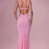 Vestido largo Lillienne de encaje con escote corazón en rosa palo
