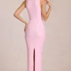 Vestido largo Nayeli con cuello cuadrado y fruncido en rosa flor