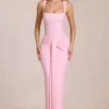 Vestido largo Nayeli con cuello cuadrado y fruncido en rosa flor