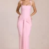 Vestido largo Nayeli con cuello cuadrado y fruncido en rosa flor