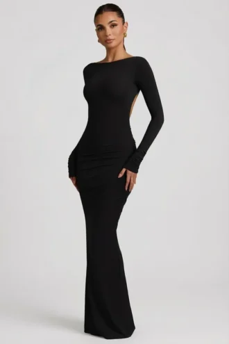 Vestido largo Regine de modal con fruncidos y espalda descubierta en negro
