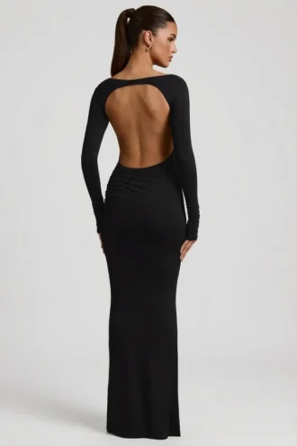 Vestido largo Regine de modal con fruncidos y espalda descubierta en negro