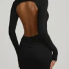 Vestido largo Regine de modal con fruncidos y espalda descubierta en negro