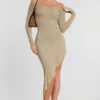 Vestido largo Roxana de manga larga y hombros descubiertos en mezcla de modal y cachemira, color topo