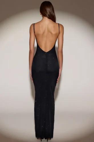 Vestido largo sin espalda con adornos transparentes Celandine en negro