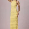 Vestido largo sin espalda con cuello halter y volantes Tove en amarillo limón