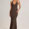 Vestido largo sin espalda con escote pronunciado Leire Modal en marrón chocolate