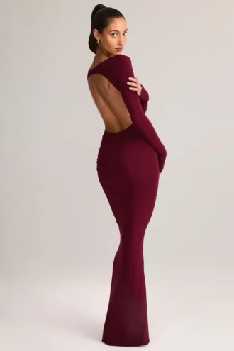 Vestido largo sin espalda con fruncidos Regine de modal en color vino