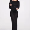 Vestido largo sin espalda de jersey transparente con mangas largas Frances en negro