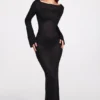 Vestido largo sin espalda de jersey transparente con mangas largas Frances en negro