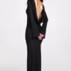 Vestido largo sin espalda de jersey transparente con mangas largas Frances en negro