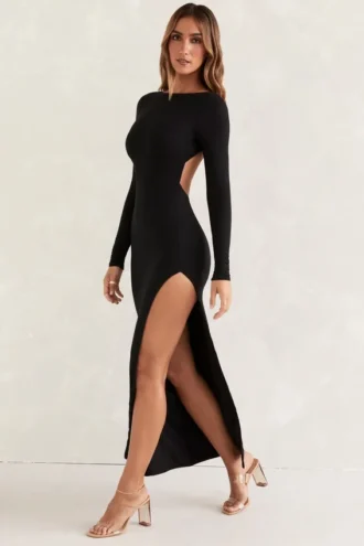 Vestido largo sin espalda de manga larga Kiah en negro