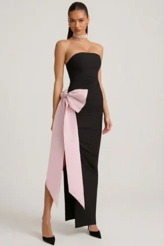 Vestido largo sin tirantes con lazo Angelique en negro