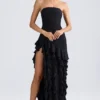 Vestido largo sin tirantes con volantes Diletta en negro