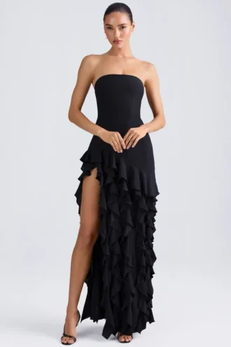 Vestido largo sin tirantes con volantes Diletta en negro
