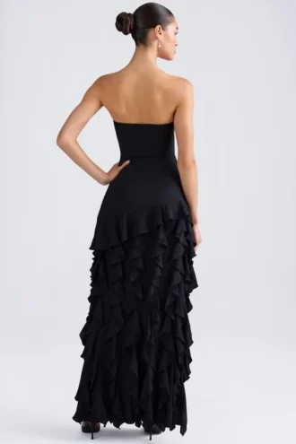 Vestido largo sin tirantes con volantes Diletta en negro