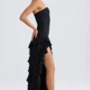 Vestido largo sin tirantes con volantes Diletta en negro