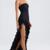 Vestido largo sin tirantes con volantes Diletta en negro