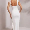 Vestido largo Sloane con escote pronunciado y abertura alta en blanco