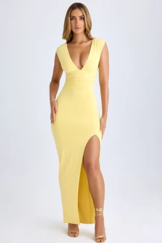 Vestido largo Sloane de modal con escote pronunciado y abertura en el muslo en color sorbete de limón