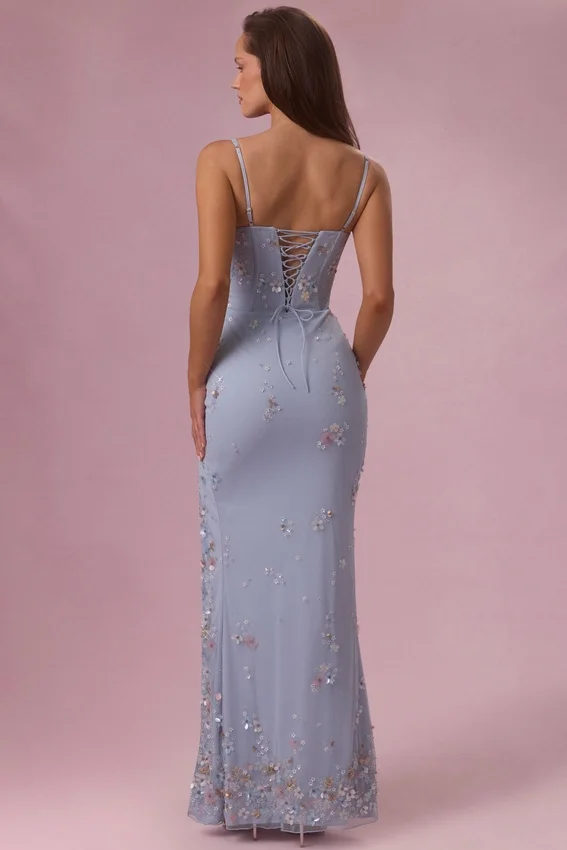 Vestido largo tipo corsé con adornos Primara en azul claro