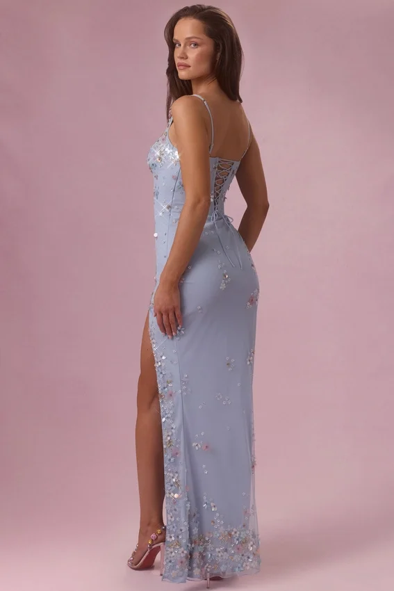 Vestido largo tipo corsé con adornos Primara en azul claro