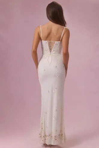 Vestido largo tipo corsé con adornos Primara en color marfil