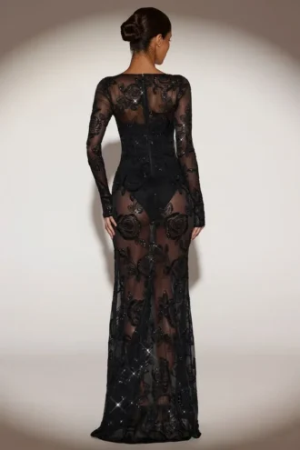 Vestido largo tipo corsé con adornos transparentes Nazara en negro