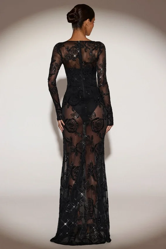 Vestido largo tipo corsé con adornos transparentes Nazara en negro