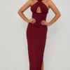 Vestido largo tipo corsé con cuello halter y cordones Penelope en rojo baya