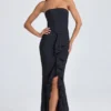 Vestido largo tipo corsé con volantes y escote bandeau Tallullah en negro