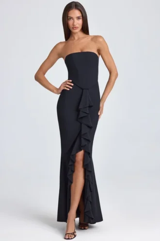 Vestido largo tipo corsé con volantes y escote bandeau Tallullah en negro